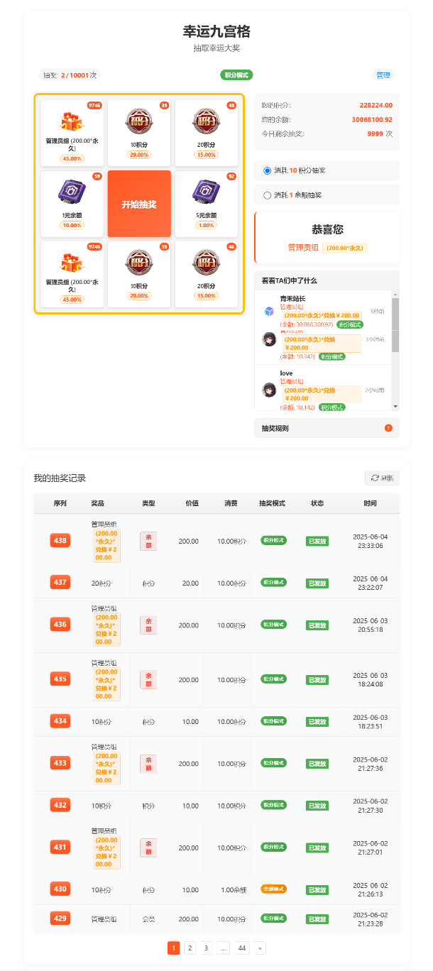 基于B2主題的用戶(hù)抽獎(jiǎng)系統(tǒng),支持積分抽獎(jiǎng)和余額抽獎(jiǎng)