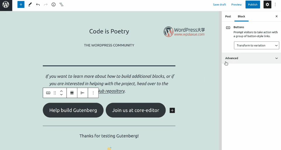 Gutenberg -V9.6 新增拖放插入区块和按钮垂直对齐-Npcink